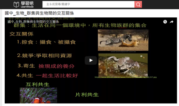 點選LearnMode學習吧，搜尋「生物間的交互作用」